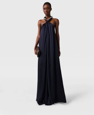 Ball-Chain Halterneck Satin Maxi Dress