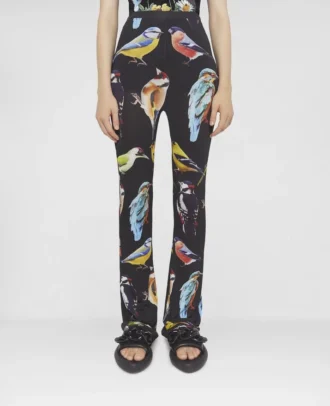 Bird Crest Print Stretch Flared Trousers