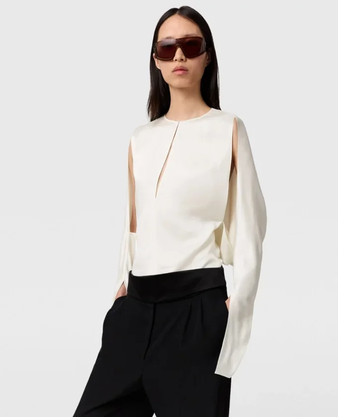 Cape-Sleeve Cut-Out Satin Top Cape-Sleeve Cut-Out Satin Top