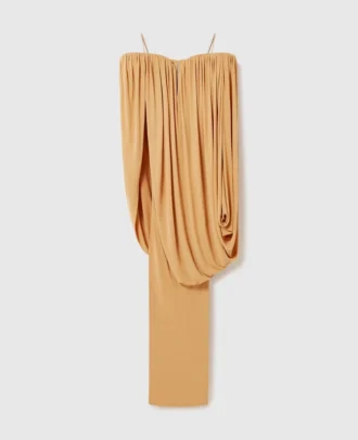 Cape-Sleeve Strapless Pleated Crepe Dress