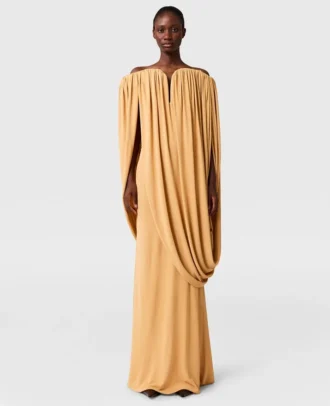 Cape-Sleeve Strapless Pleated Crepe Dress