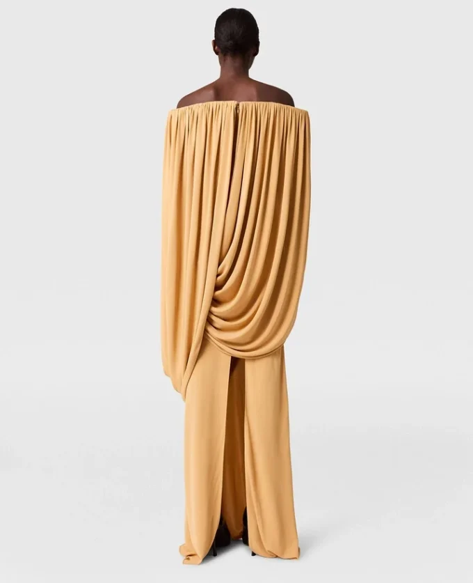 Cape-Sleeve Strapless Pleated Crepe Dress Cape-Sleeve Strapless Pleated Crepe Dress