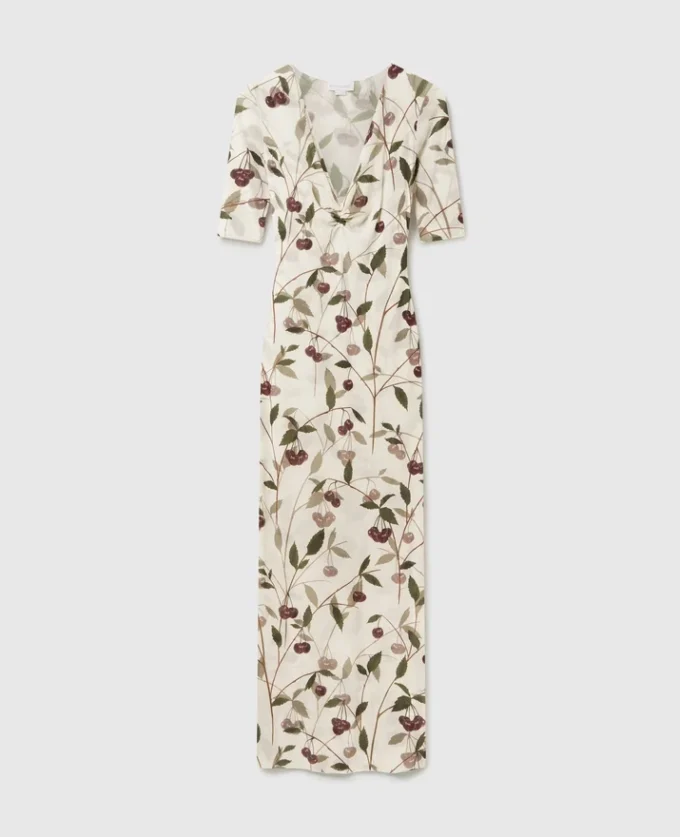 Cherry Print Mesh Half Sleeve Midi Dress Cherry Print Mesh Half Sleeve Midi Dress