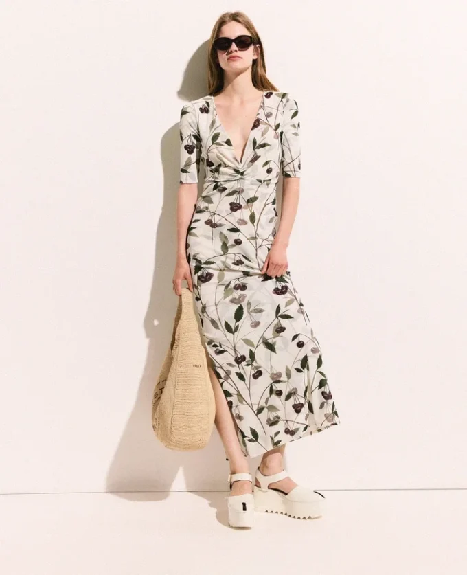 Cherry Print Mesh Half Sleeve Midi Dress Cherry Print Mesh Half Sleeve Midi Dress