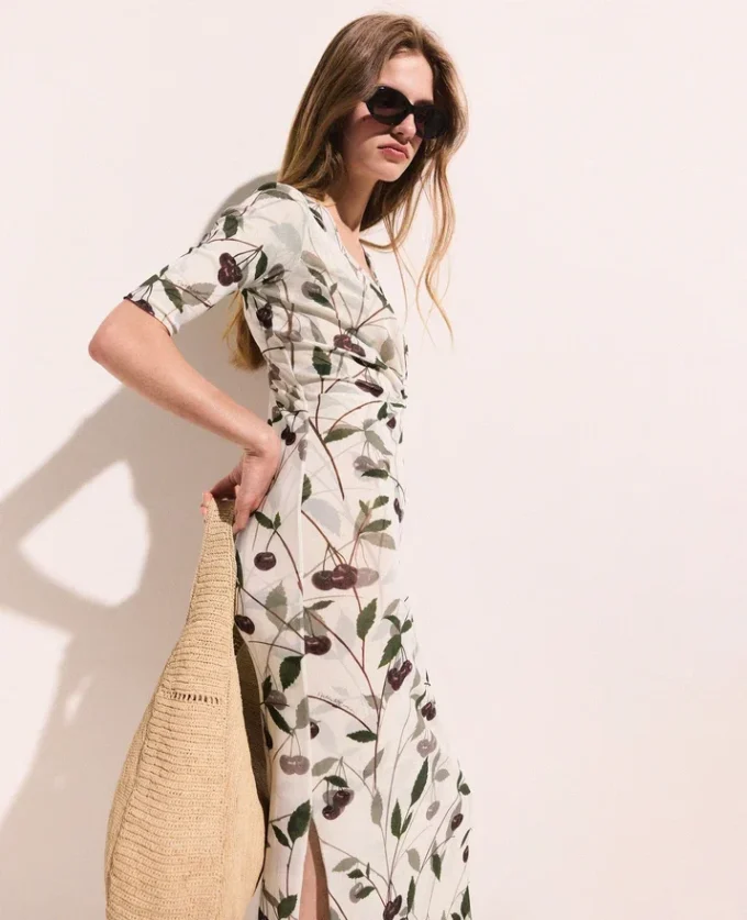Cherry Print Mesh Half Sleeve Midi Dress Cherry Print Mesh Half Sleeve Midi Dress