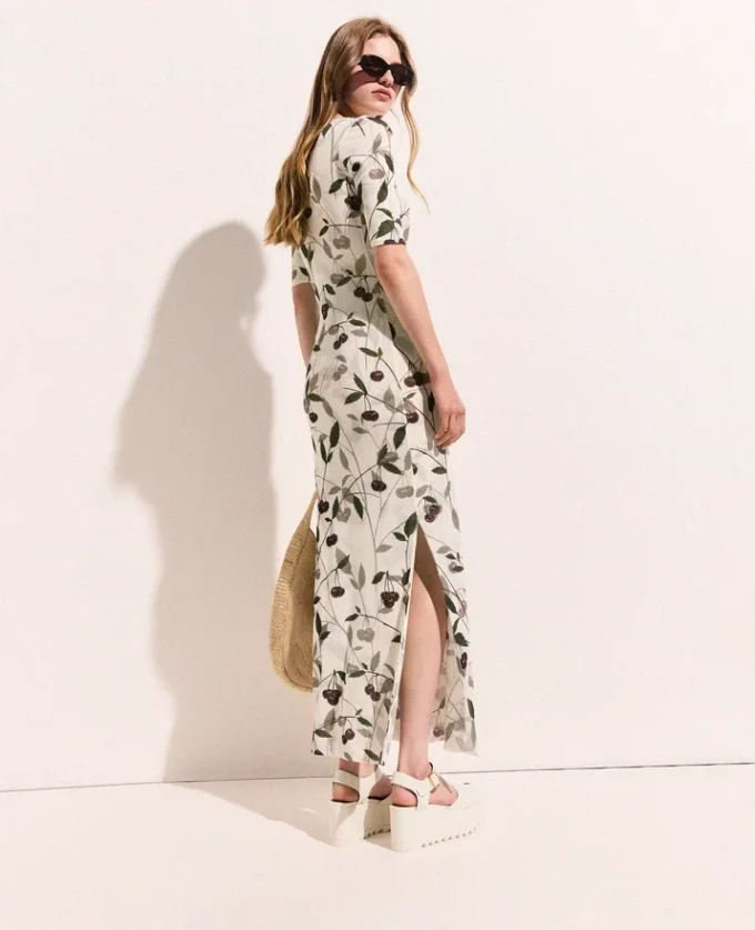 Cherry Print Mesh Half Sleeve Midi Dress Cherry Print Mesh Half Sleeve Midi Dress