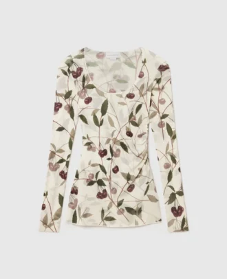 Cherry Print Mesh Long Sleeve Top