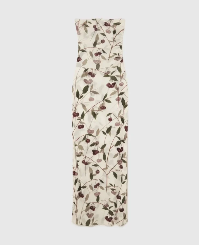 Cherry Print Mesh Strapless Midi Dress Cherry Print Mesh Strapless Midi Dress