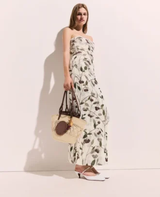 Cherry Print Mesh Strapless Midi Dress