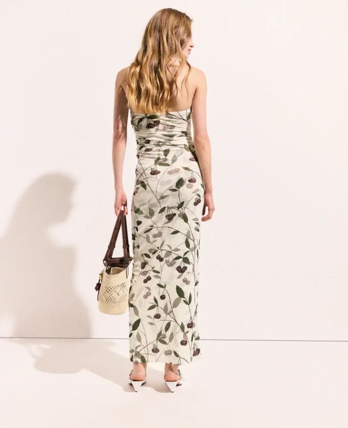 Cherry Print Mesh Strapless Midi Dress Cherry Print Mesh Strapless Midi Dress