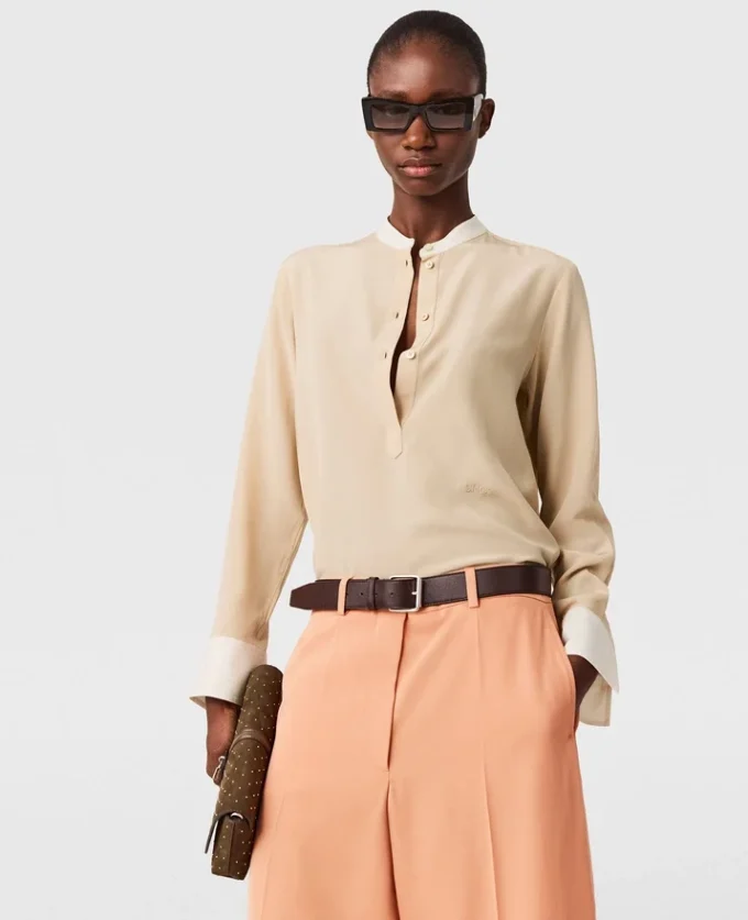 Contrast Panel Grandfather Collar Shirt
