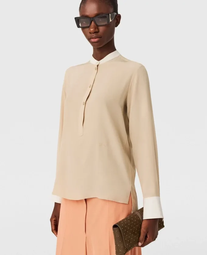 Contrast Panel Grandfather Collar Shirt