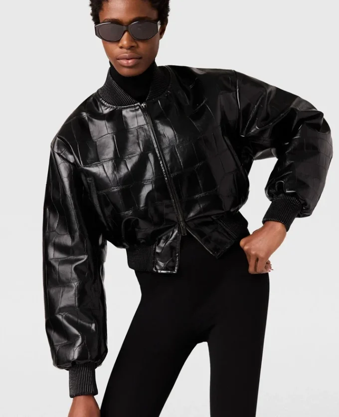 Crocodile-Embossed Cropped Bomber Jacket Crocodile-Embossed Cropped Bomber Jacket