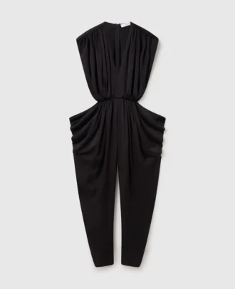 Deep V-Neck Shoulder Pad Pleated Jumpsuit