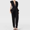 Deep V-Neck Shoulder Pad Pleated Jumpsuit Deep V-Neck Shoulder Pad Pleated Jumpsuit