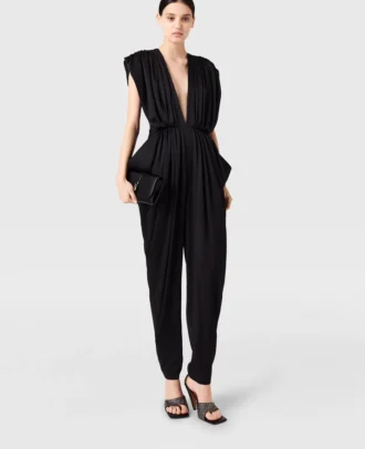 Deep V-Neck Shoulder Pad Pleated Jumpsuit