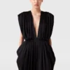 Deep V-Neck Shoulder Pad Pleated Jumpsuit Deep V-Neck Shoulder Pad Pleated Jumpsuit
