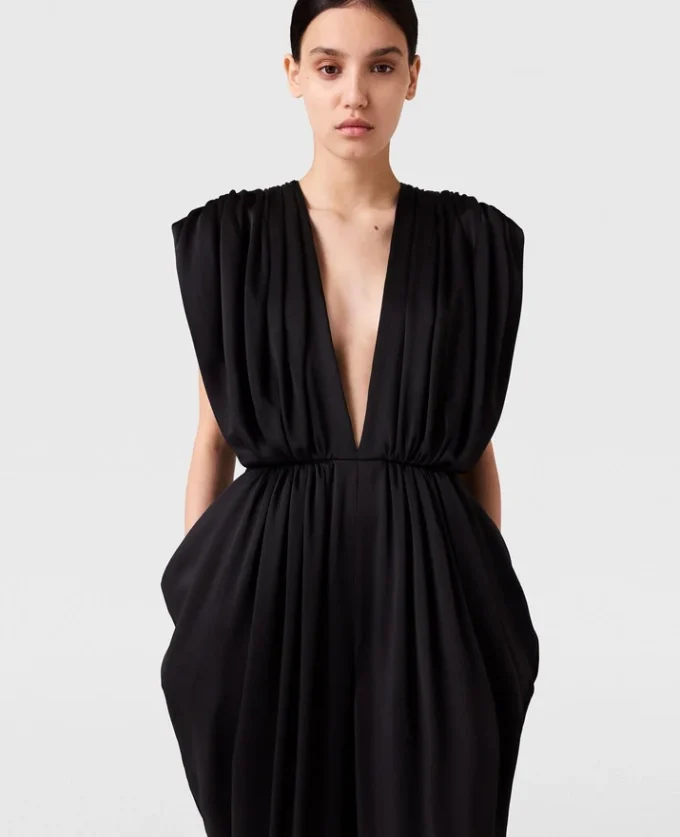 Deep V-Neck Shoulder Pad Pleated Jumpsuit Deep V-Neck Shoulder Pad Pleated Jumpsuit