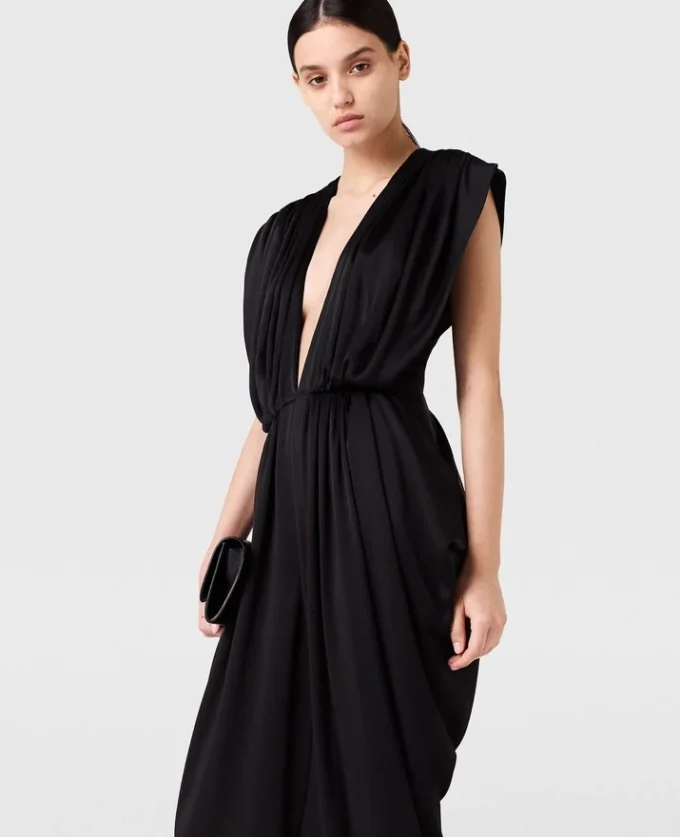 Deep V-Neck Shoulder Pad Pleated Jumpsuit Deep V-Neck Shoulder Pad Pleated Jumpsuit