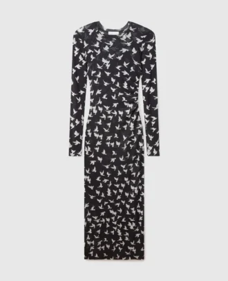 Dove Print Mesh Long-Sleeve Dress