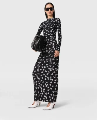 Dove Print Mesh Long-Sleeve Dress