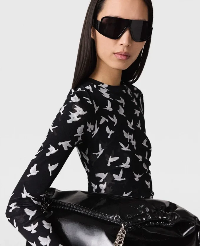 Dove Print Mesh Long-Sleeve Dress Dove Print Mesh Long-Sleeve Dress