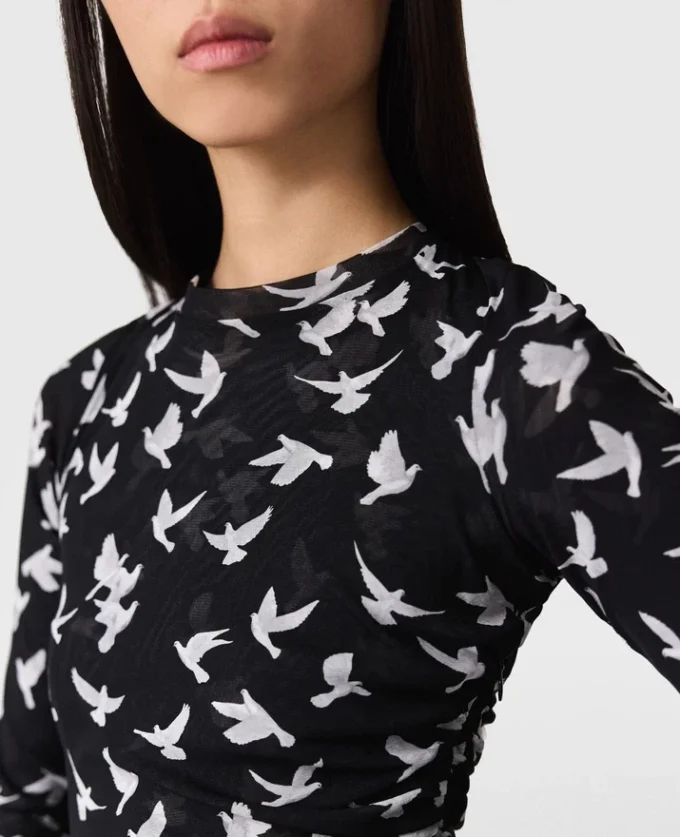 Dove Print Mesh Long-Sleeve Dress Dove Print Mesh Long-Sleeve Dress