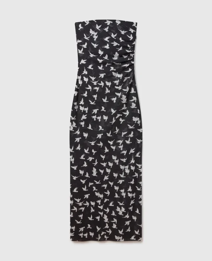 Dove Print Mesh Strapless Midi Dress Dove Print Mesh Strapless Midi Dress