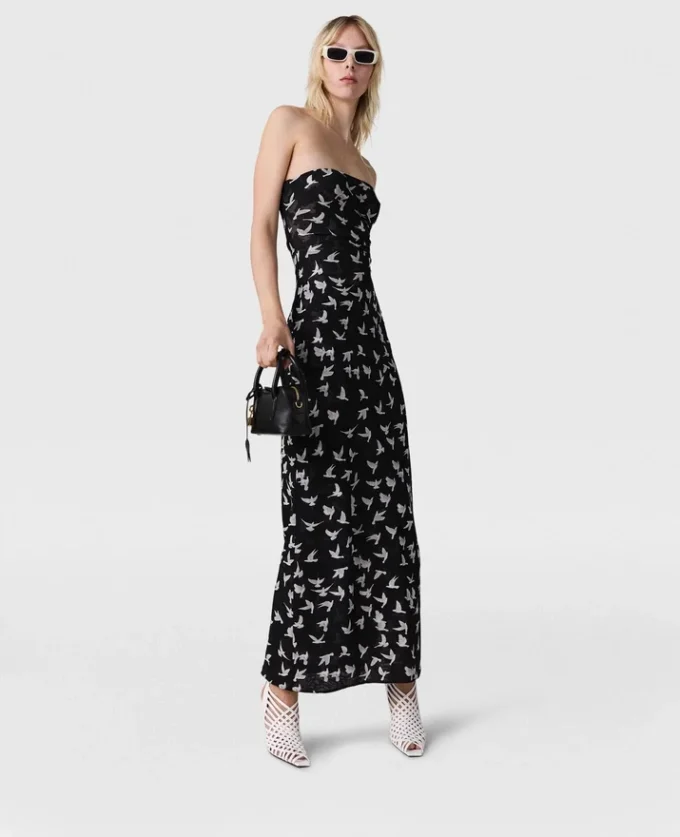 Dove Print Mesh Strapless Midi Dress Dove Print Mesh Strapless Midi Dress