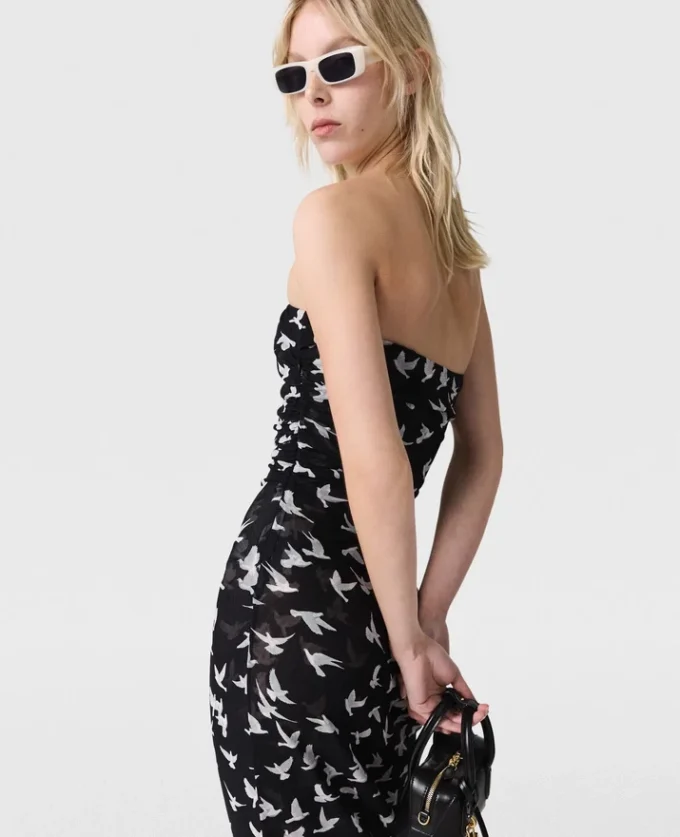 Dove Print Mesh Strapless Midi Dress Dove Print Mesh Strapless Midi Dress