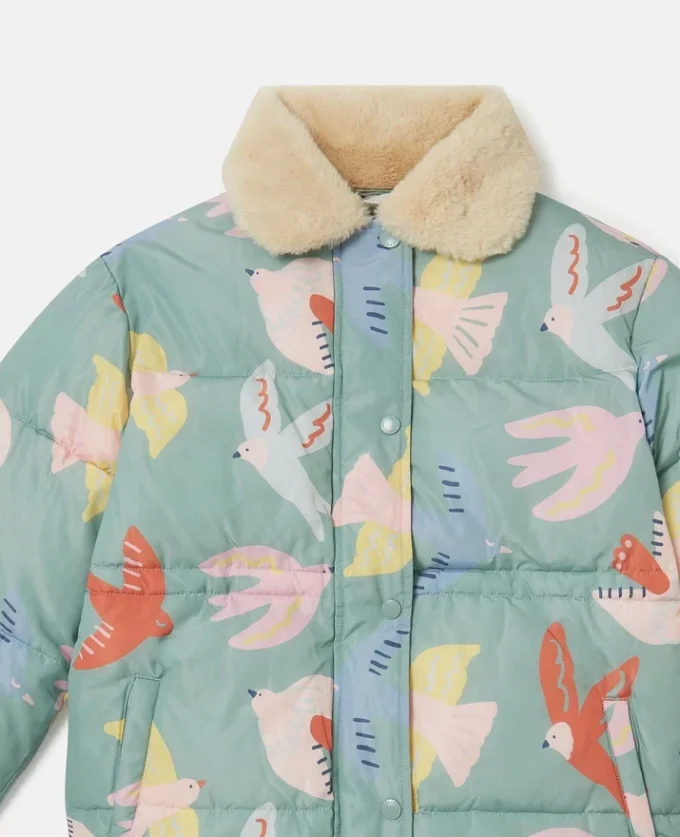 Dove Print Teddy Collar Puffer Coat Dove Print Teddy Collar Puffer Coat