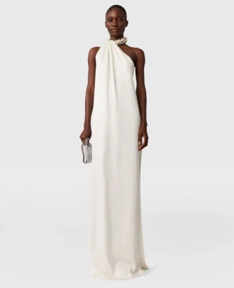 Embellished Halterneck Asymmetric Satin Dress