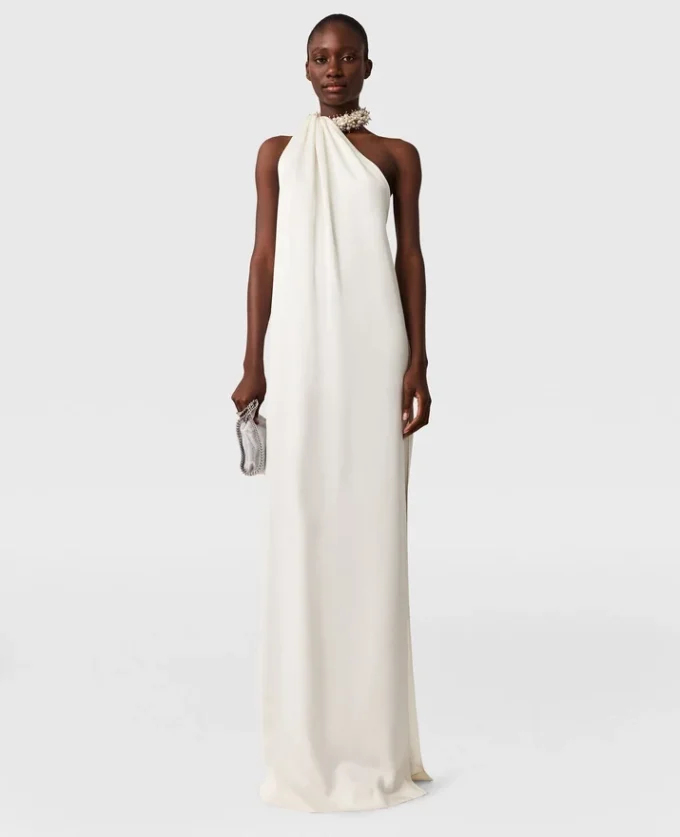 Embellished Halterneck Asymmetric Satin Dress Embellished Halterneck Asymmetric Satin Dress