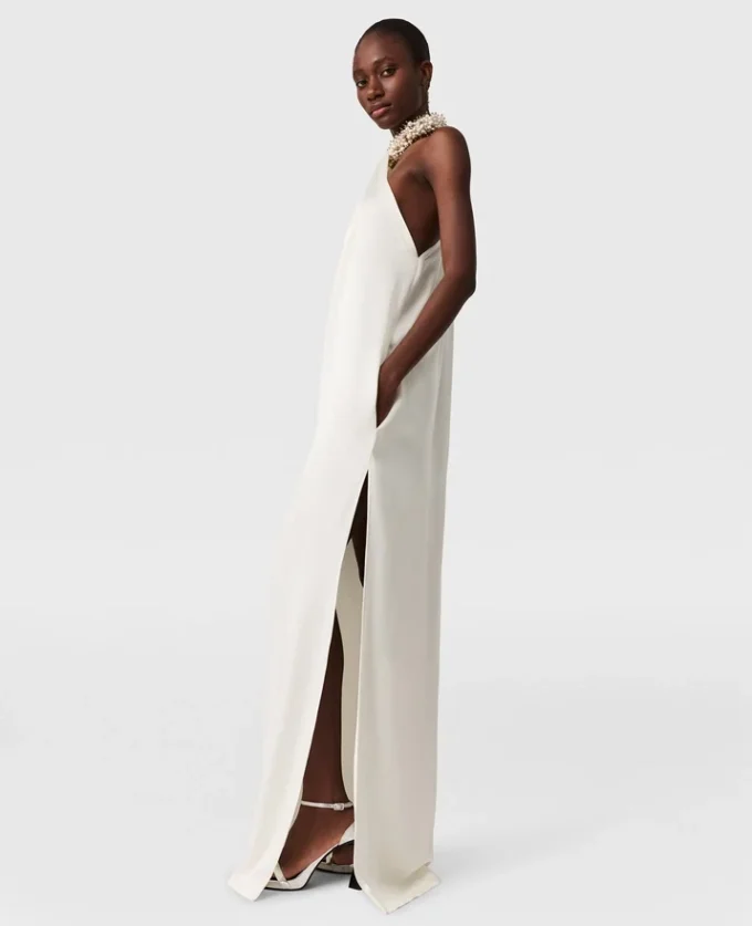 Embellished Halterneck Asymmetric Satin Dress Embellished Halterneck Asymmetric Satin Dress