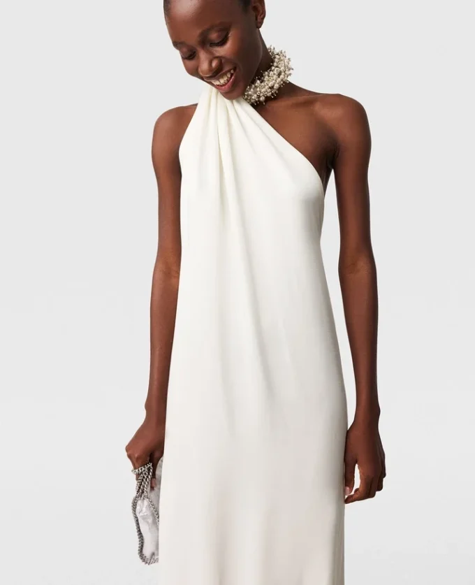 Embellished Halterneck Asymmetric Satin Dress Embellished Halterneck Asymmetric Satin Dress