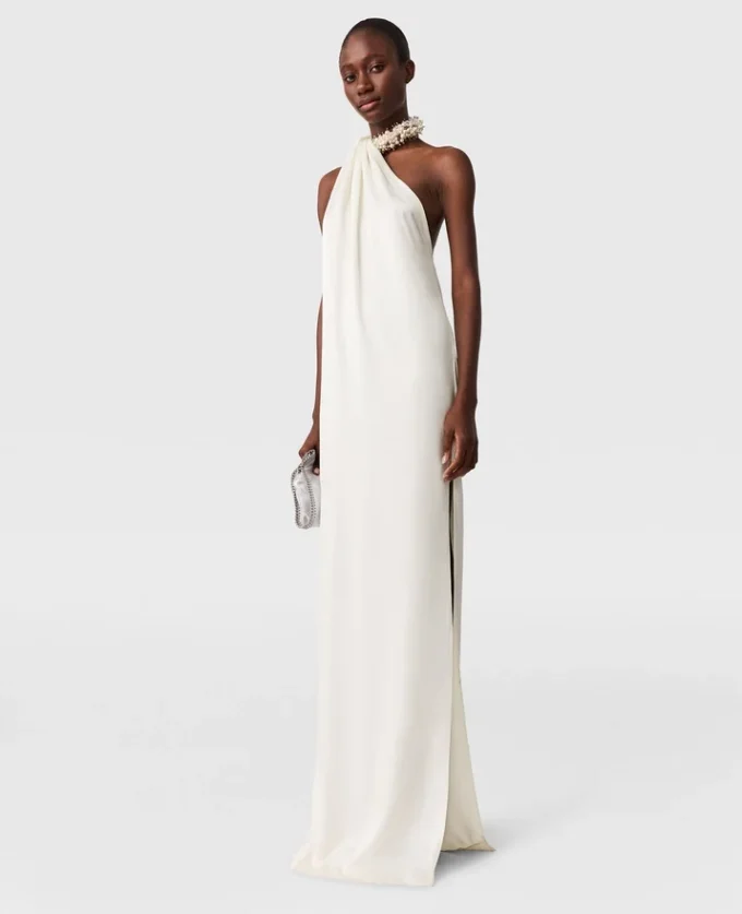 Embellished Halterneck Asymmetric Satin Dress Embellished Halterneck Asymmetric Satin Dress