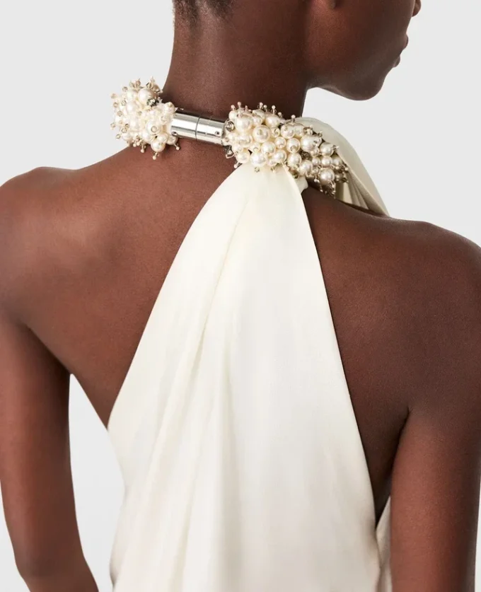 Embellished Halterneck Asymmetric Satin Dress Embellished Halterneck Asymmetric Satin Dress