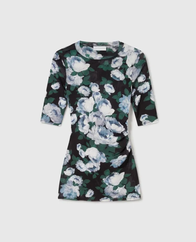 Floral Three-Quarter-Sleeve Mesh Top Floral Three-Quarter-Sleeve Mesh Top
