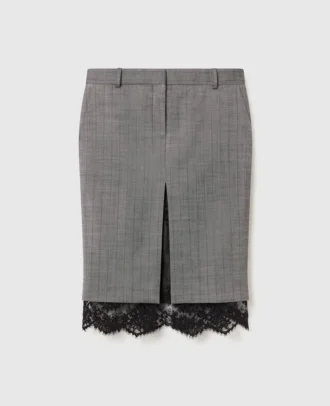 Lace-Trimmed Pinstripe Midi Skirt