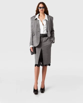 Lace-Trimmed Pinstripe Midi Skirt