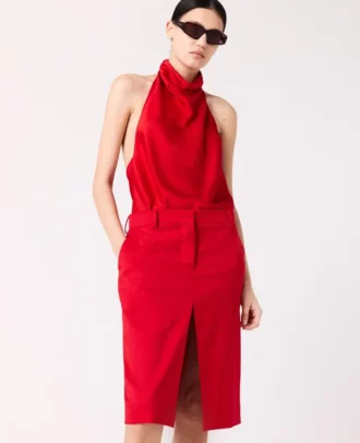 Lace-Trimmed Satin Midi Skirt