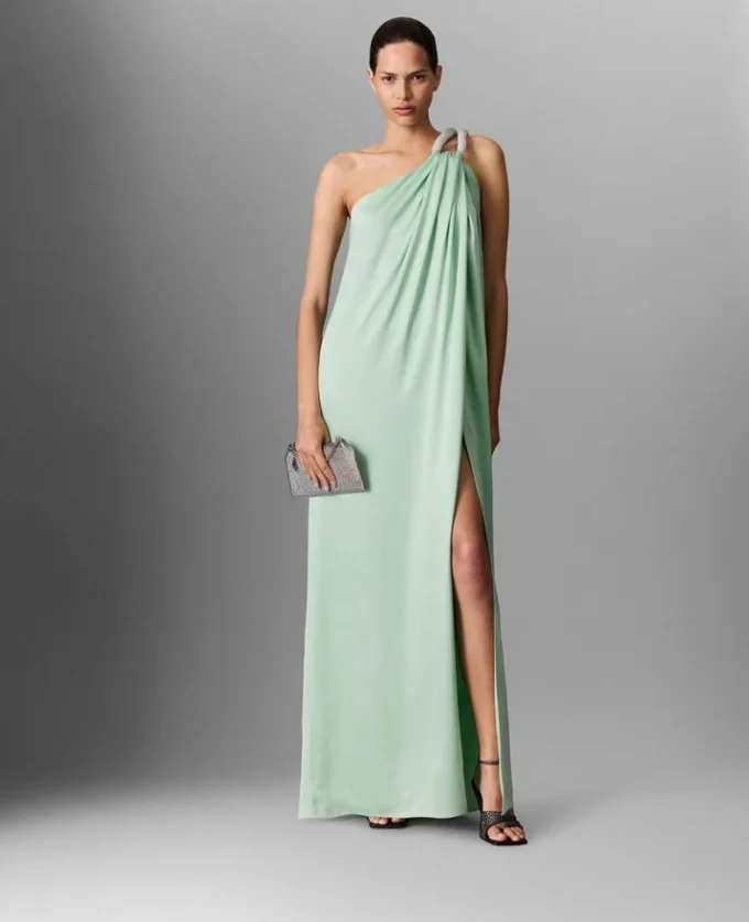 Lead-Free Crystal Chain Link Asymmetric Draped Maxi Dress Lead-Free Crystal Chain Link Asymmetric Draped Maxi Dress
