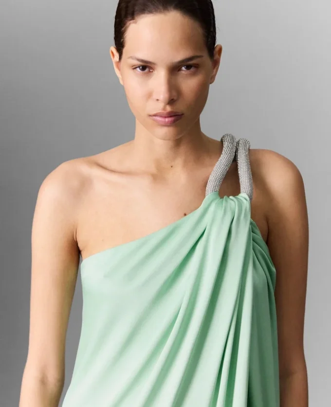 Lead-Free Crystal Chain Link Asymmetric Draped Maxi Dress Lead-Free Crystal Chain Link Asymmetric Draped Maxi Dress