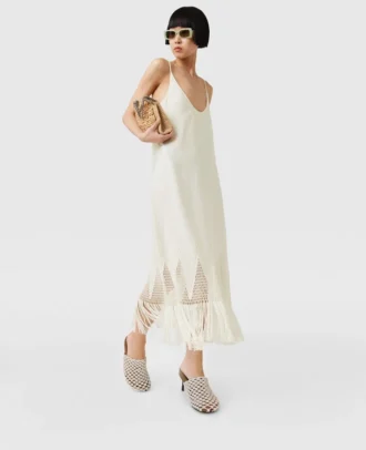 Open-Knit Fringe Midi Dress