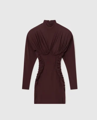 Pleated High-Neck Long-Sleeve Mini Dress