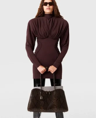 Pleated High-Neck Long-Sleeve Mini Dress