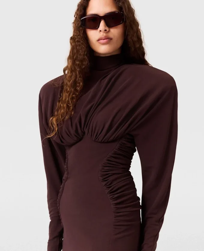 Pleated High-Neck Long-Sleeve Mini Dress Pleated High-Neck Long-Sleeve Mini Dress