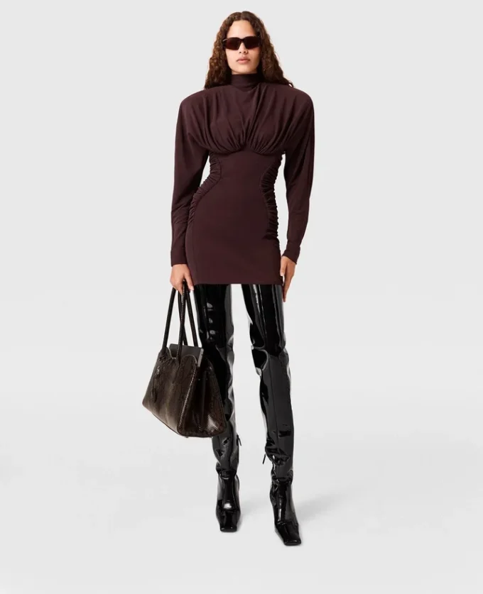 Pleated High-Neck Long-Sleeve Mini Dress Pleated High-Neck Long-Sleeve Mini Dress