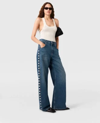Popper-Studded Straight-Leg Jeans