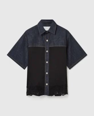 Satin Panel Short-Sleeve Denim Shirt